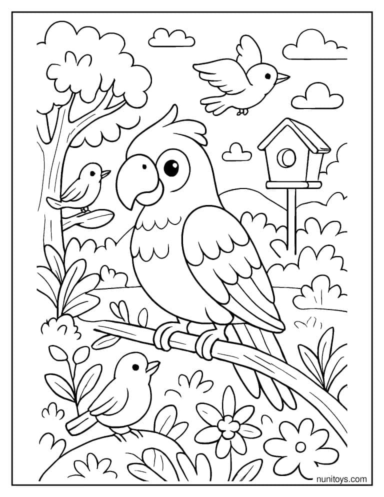 Coloriage perroquet entouré de petits oiseaux près d’un nichoir