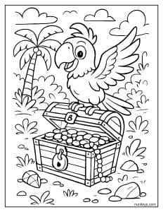 דף צביעה של תוכי שמח עם תיבת אוצר בג׳ונגל טרופי