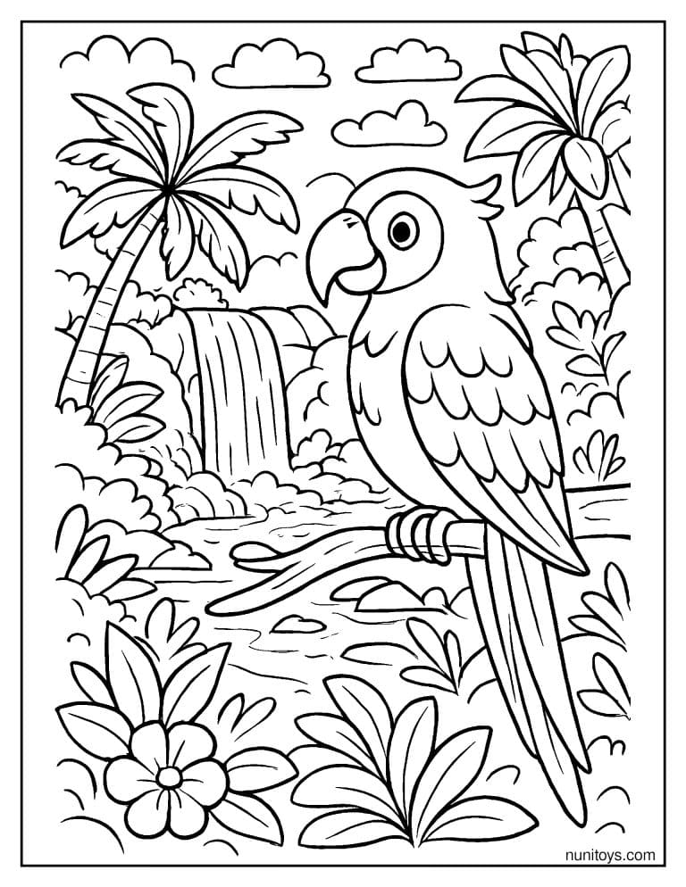 Coloriage perroquet devant une cascade dans la jungle tropicale