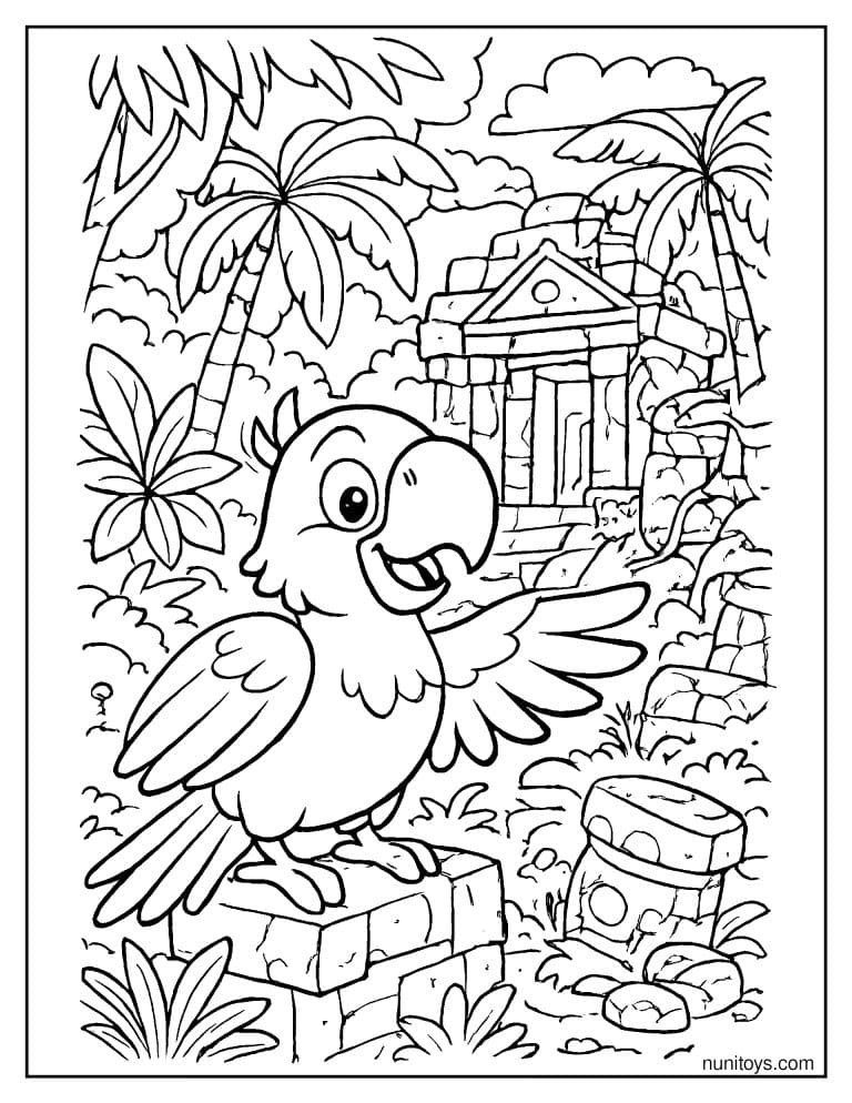Coloriage perroquet explorant des ruines dans la jungle tropicale