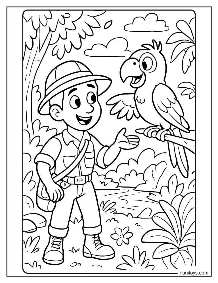 Coloriage jeune explorateur rencontrant un perroquet dans la jungle