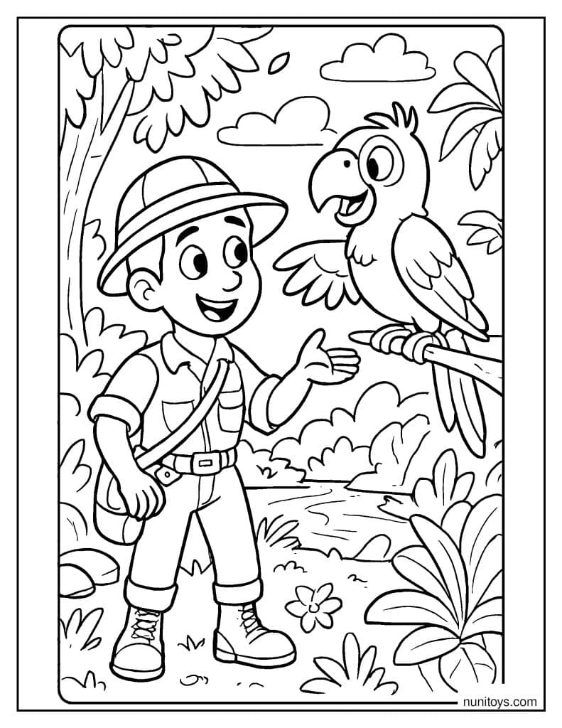 ילד חוקר ותוכי בג׳ונגל ציור לצביעה הרפתקני לילדים