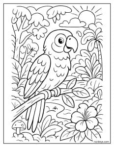 תוכי חמוד ביער אקזוטי דף צביעה עם פרחים וצמחייה