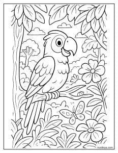 תוכי חמוד בין פרחים ופרפרים בג׳ונגל דף צביעה לילדים