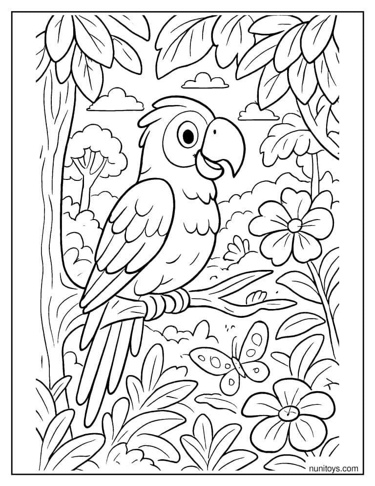 Coloriage perroquet sur une branche dans une jungle fleurie