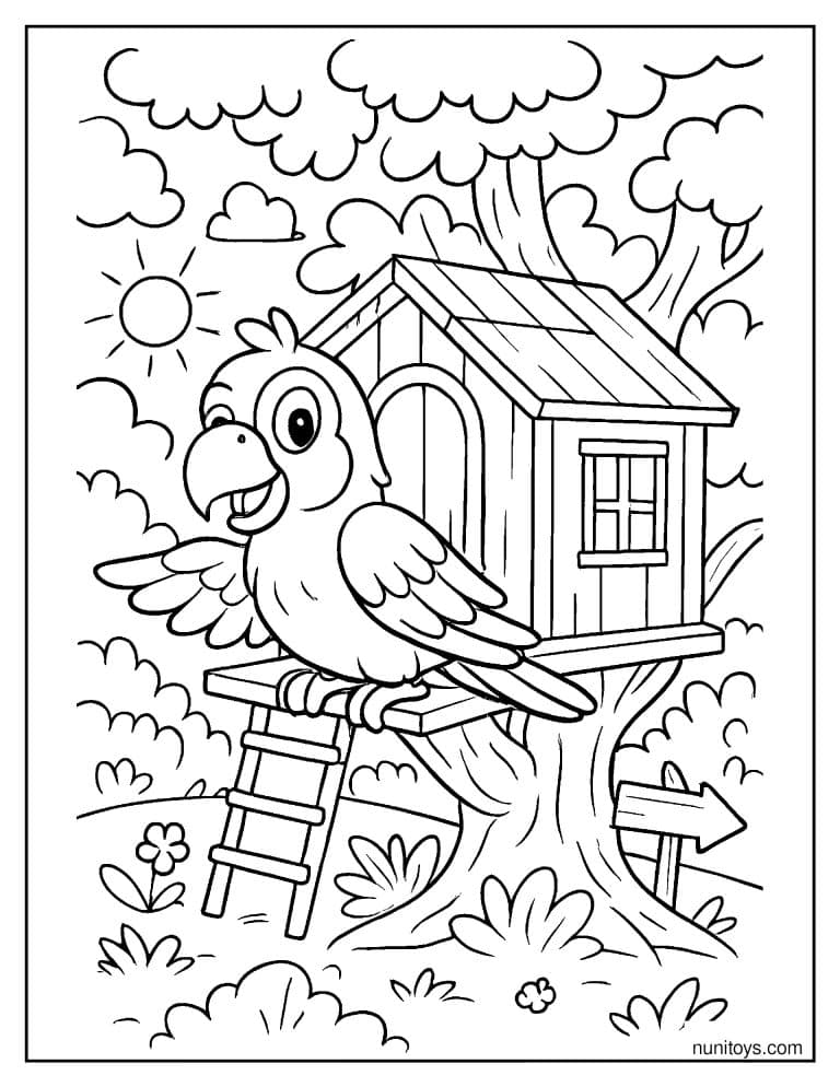Coloriage perroquet perché devant une cabane dans les arbres