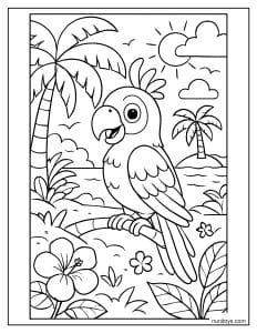 תוכי על אי טרופי עם ים ודקלים דף צביעה לילדים