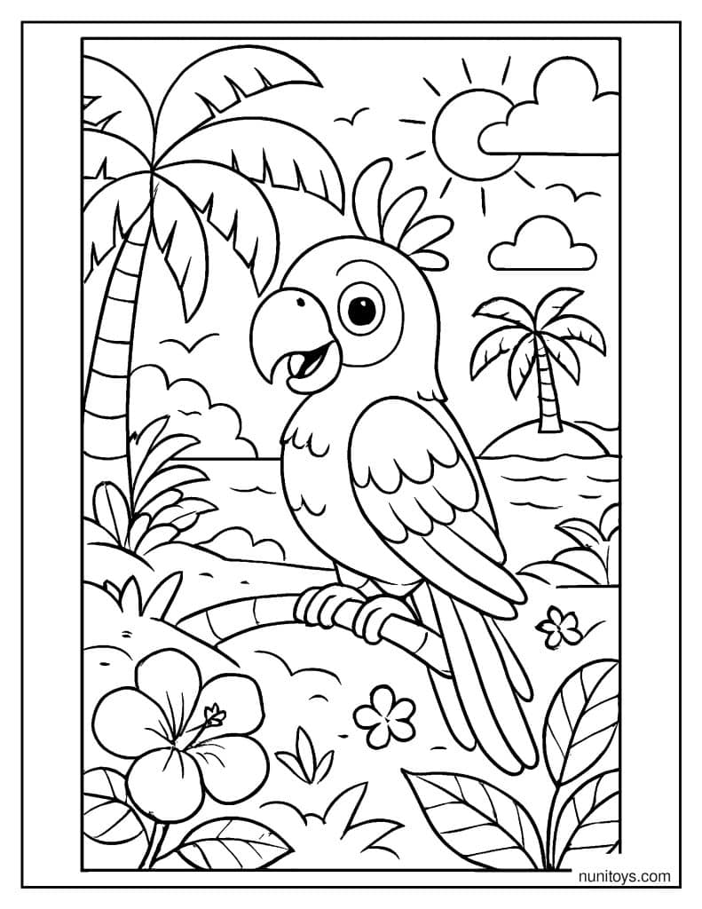 תוכי על אי טרופי עם ים ודקלים דף צביעה לילדים