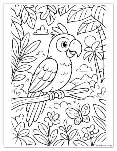 דף צביעה של תוכי חמוד בג׳ונגל טרופי בין פרחים ופרפרים