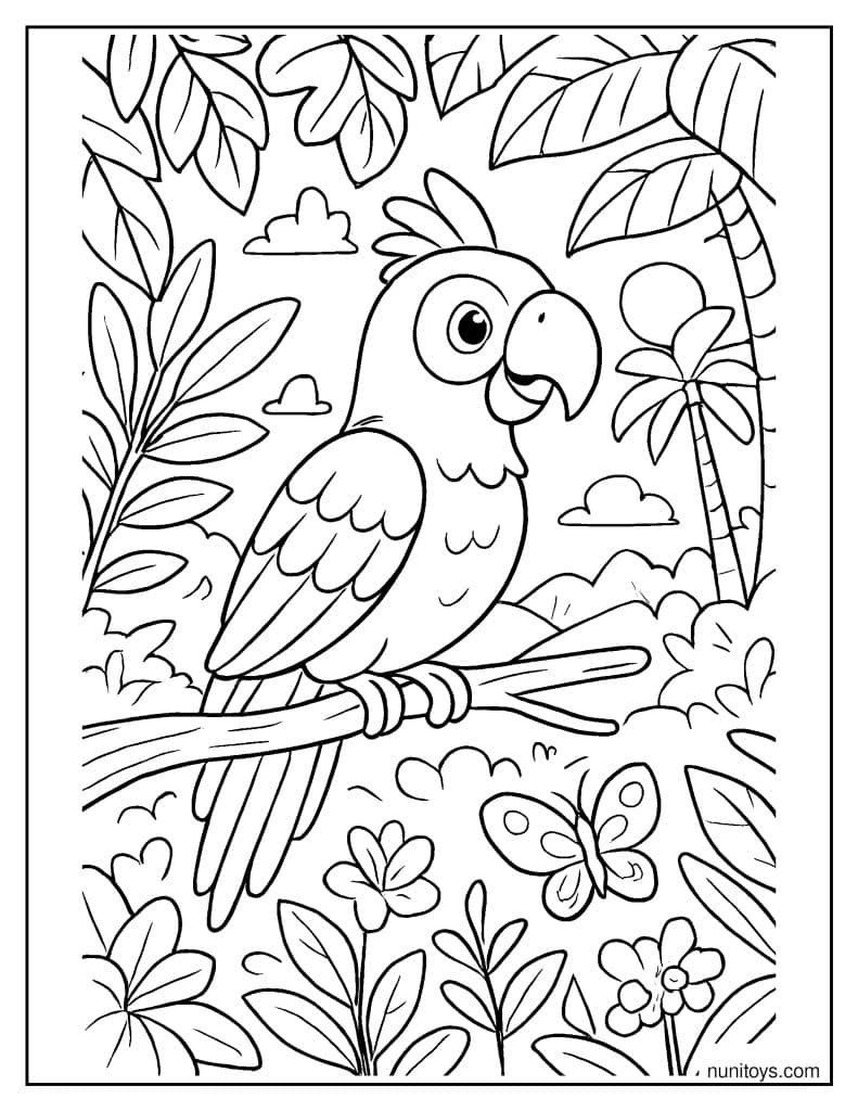דף צביעה של תוכי חמוד בג׳ונגל טרופי בין פרחים ופרפרים