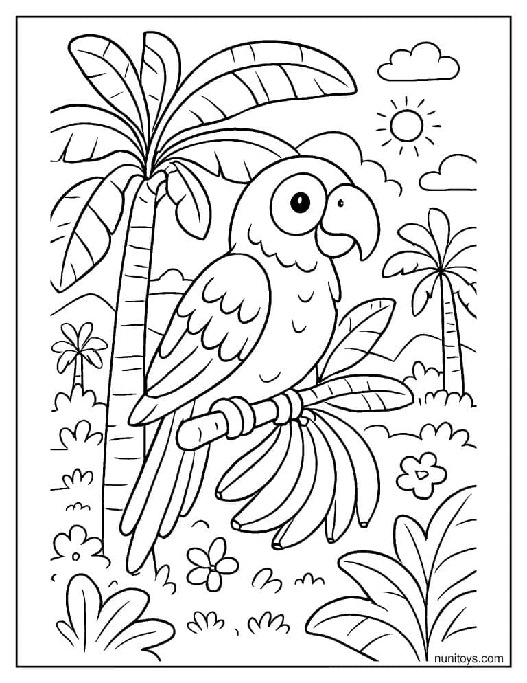 Coloriage perroquet perché sous les palmiers tropicaux