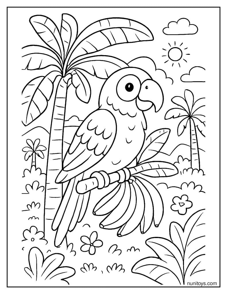דף צביעה של תוכי חמוד על עץ בננות בג׳ונגל טרופי