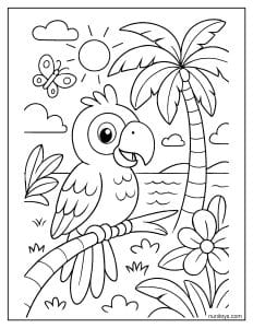 תוכי חמוד יושב על עץ דקל ליד הים דף צביעה לילדים