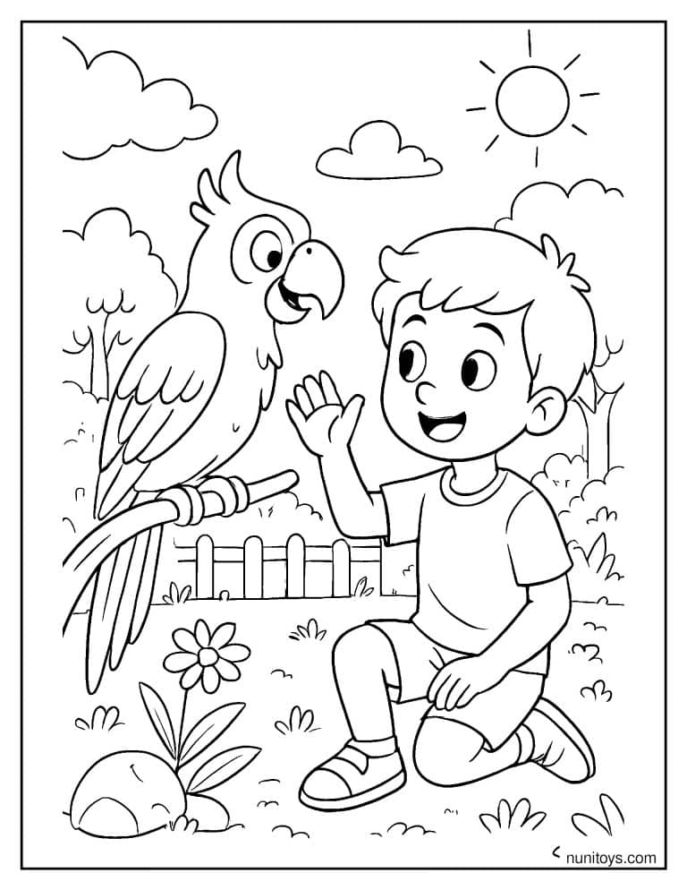 Coloriage garçon saluant un perroquet perché dans le jardin