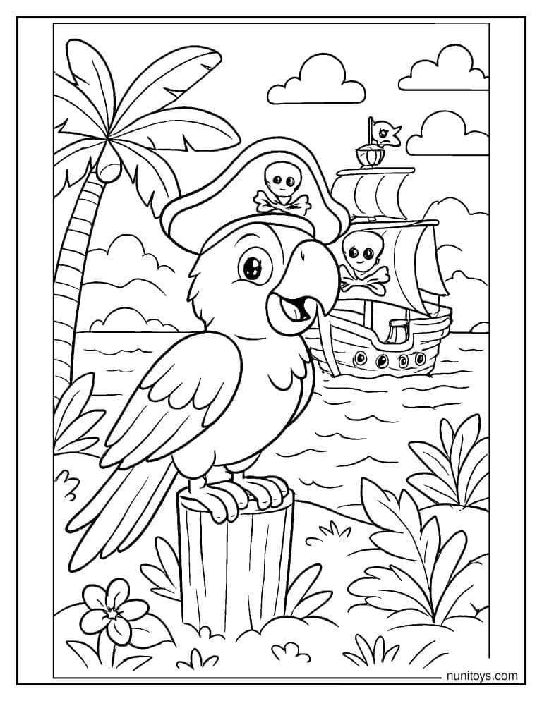 Coloriage perroquet observant un bateau pirate sur la mer