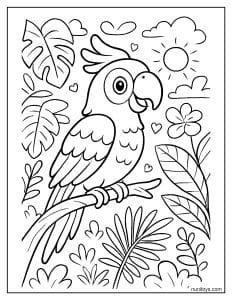 דף צביעה של תוכי חמוד בין עלים טרופיים ושמש מחייכת