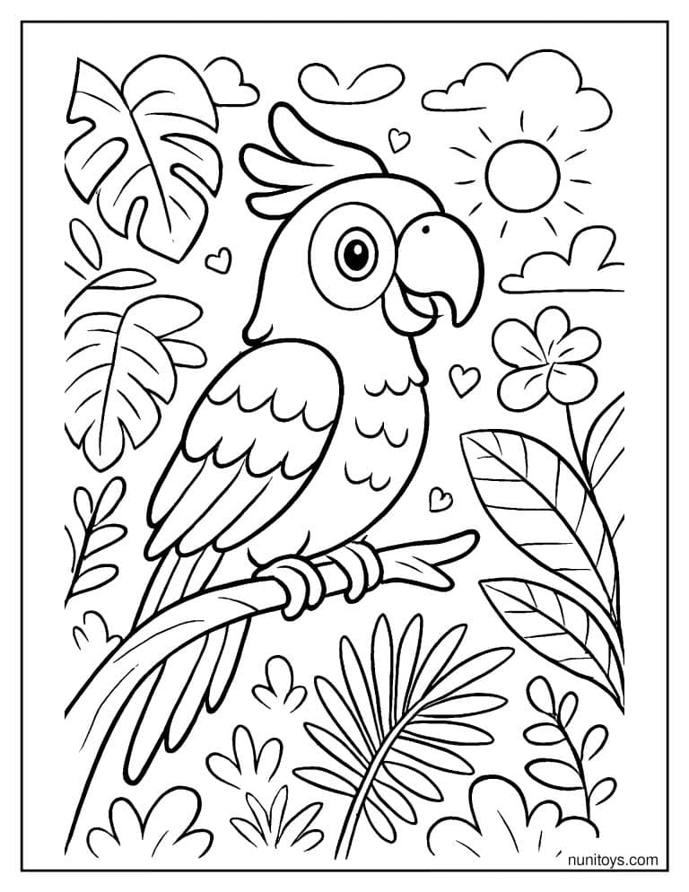 Coloriage perroquet perché parmi les feuilles tropicales et les fleurs