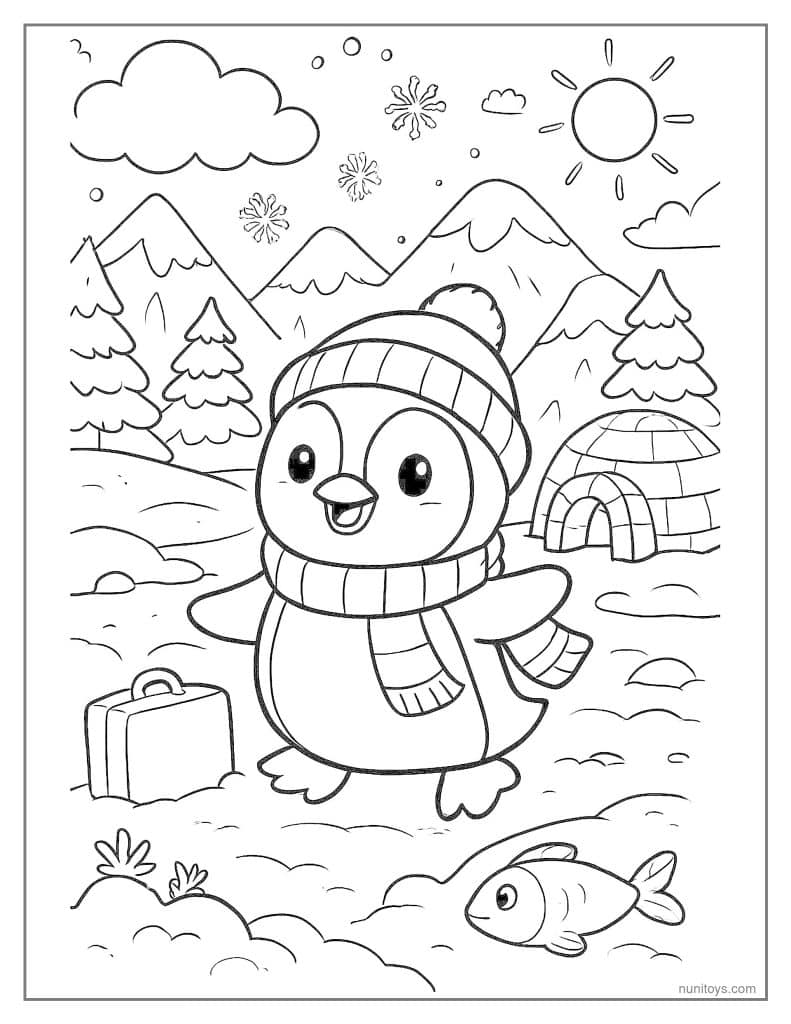Winter Penguin Walking with Suitcase Coloring Page