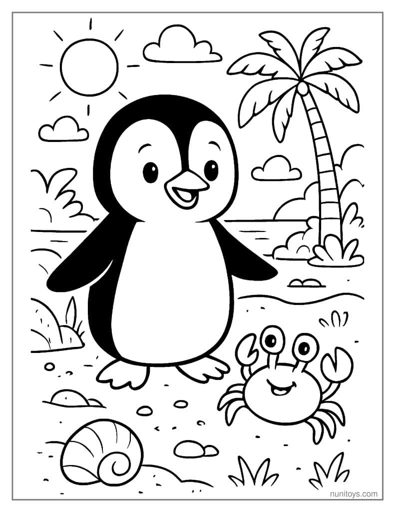 Coloring Page Penguin Meeting Cute Crab on Beach