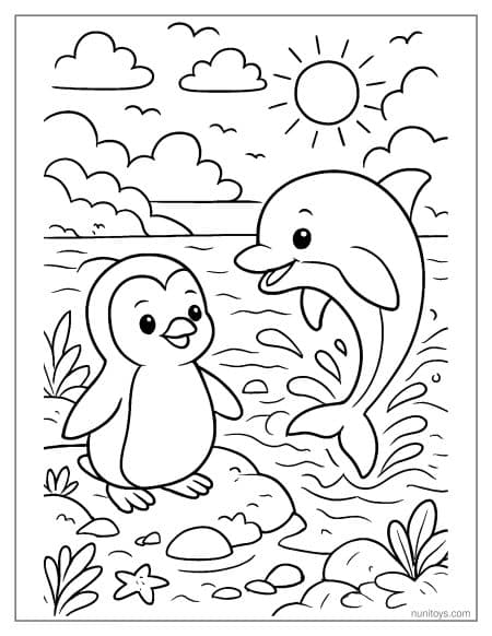 Coloring Page Dolphin Jumping Beside Happy Penguin