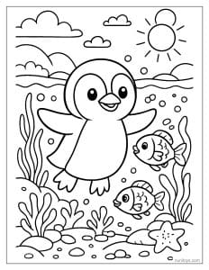 Coloring Page Penguin Swimming with Fish Underwater