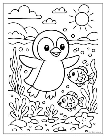 Coloring Page Penguin Swimming with Fish Underwater