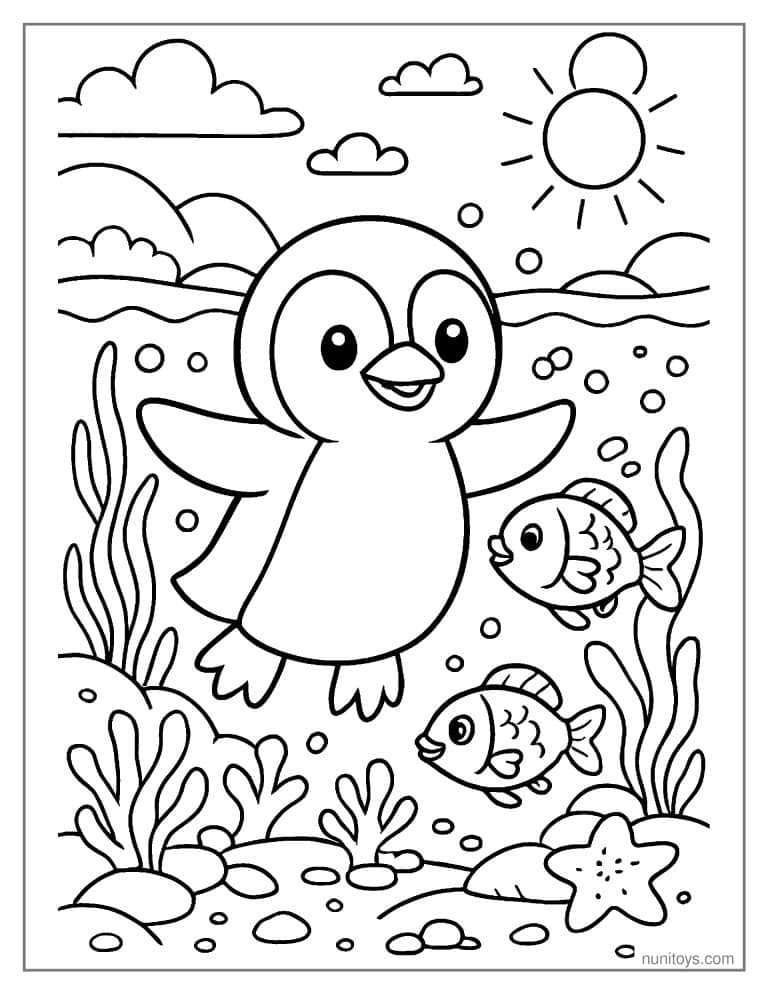 Coloriage pingouin nageant avec deux poissons sous l’eau