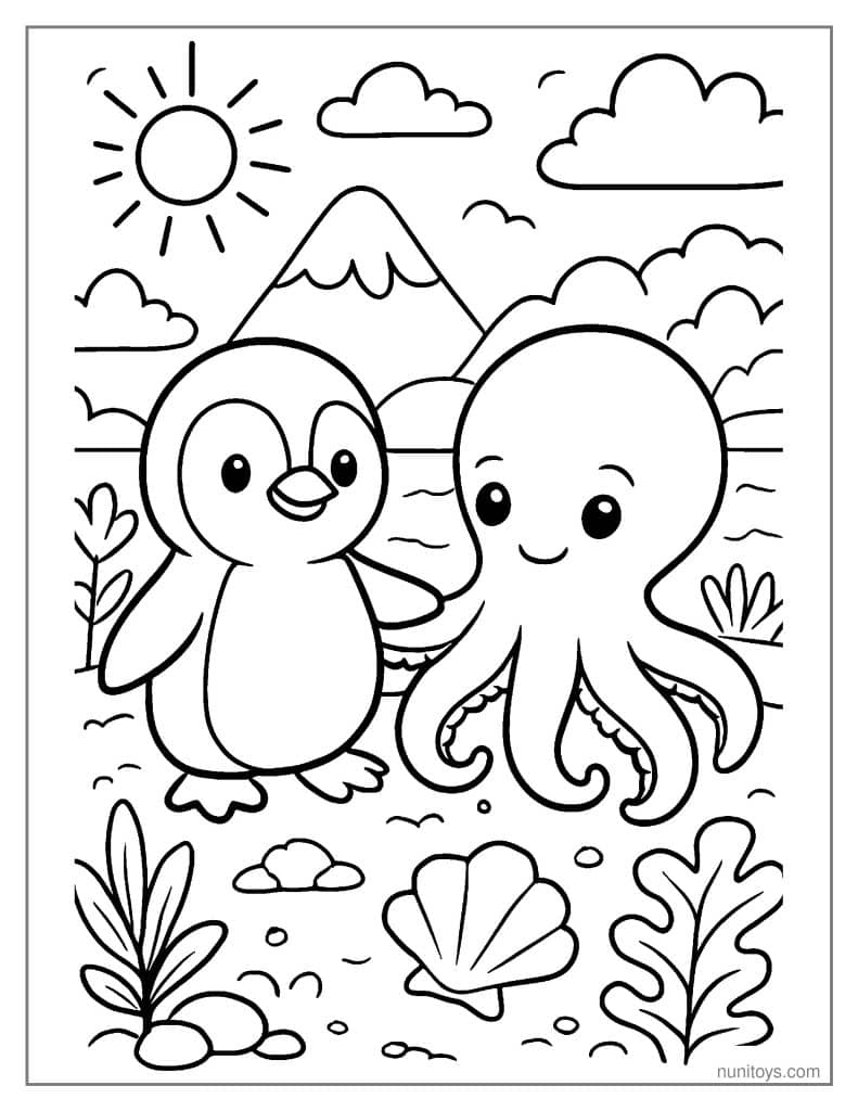 Cute Penguin and Octopus Printable Coloring Page