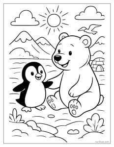 Penguin Meeting a Polar Bear in Arctic Scene Coloring Page