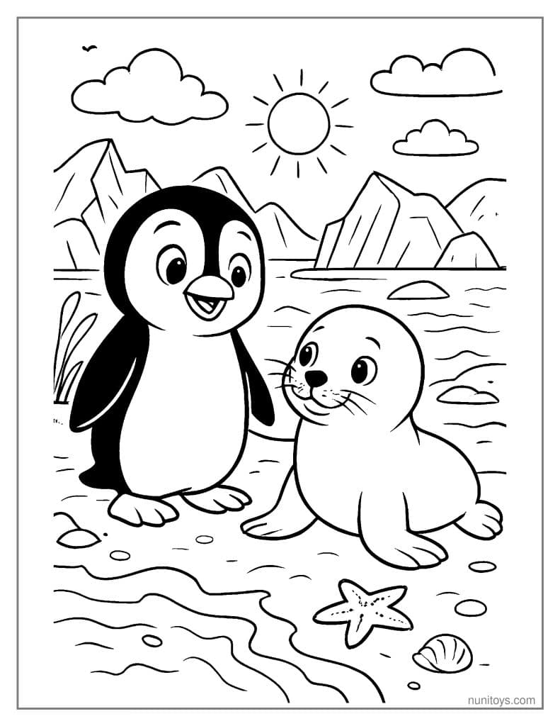 Coloring Page Penguin and Seal on Sunny Beach