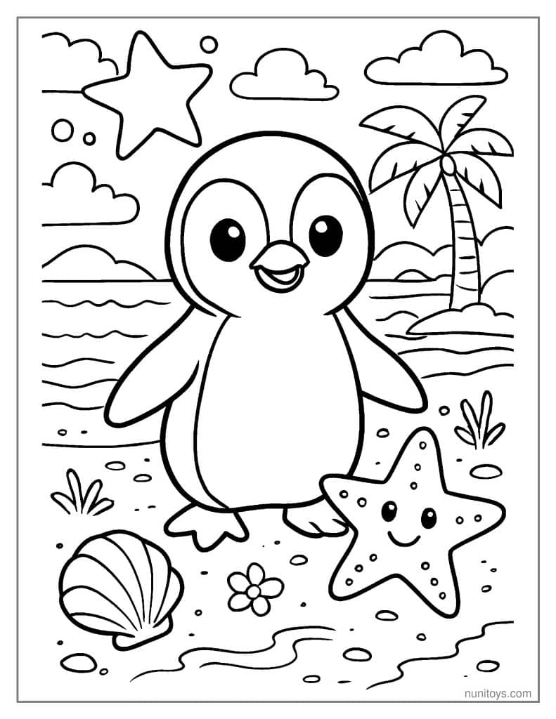 Penguin with Starfish Beach Coloring Sheet