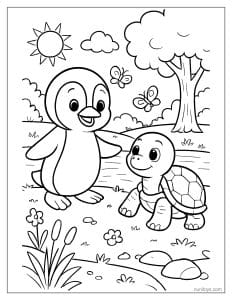 Friendly Penguin and Turtle Nature Coloring Sheet