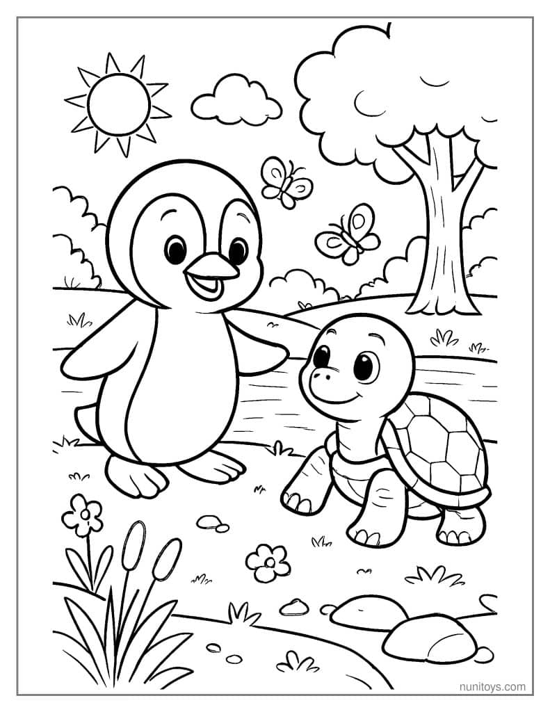 Friendly Penguin and Turtle Nature Coloring Sheet