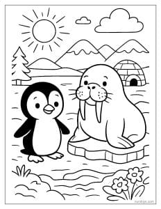 Penguin and Walrus on Icy Shore Coloring Sheet