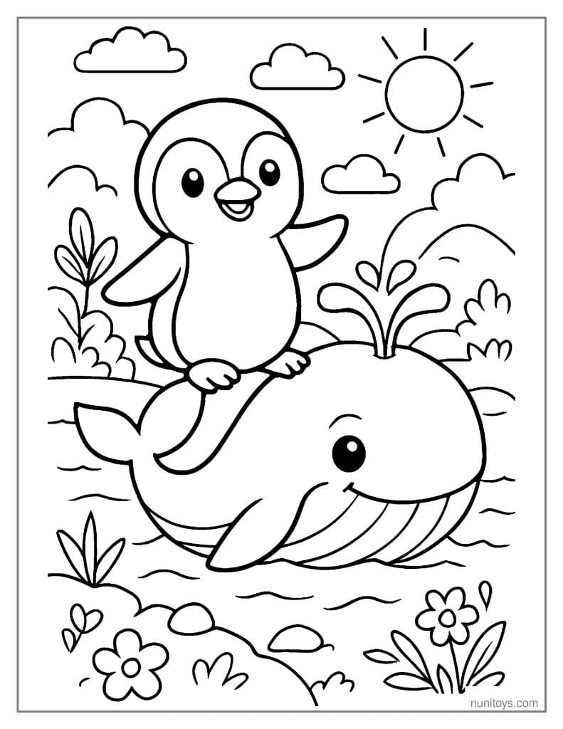 Penguin Riding a Whale in Ocean Scene Coloring Page