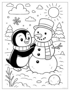 Penguin Building a Snowman with Friend Coloring Page