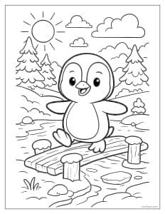 Penguin Balancing on Dock by Water Coloring Page