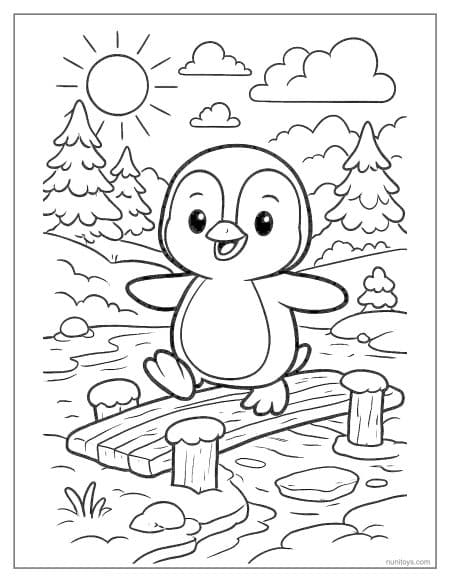 Penguin Balancing on Dock by Water Coloring Page