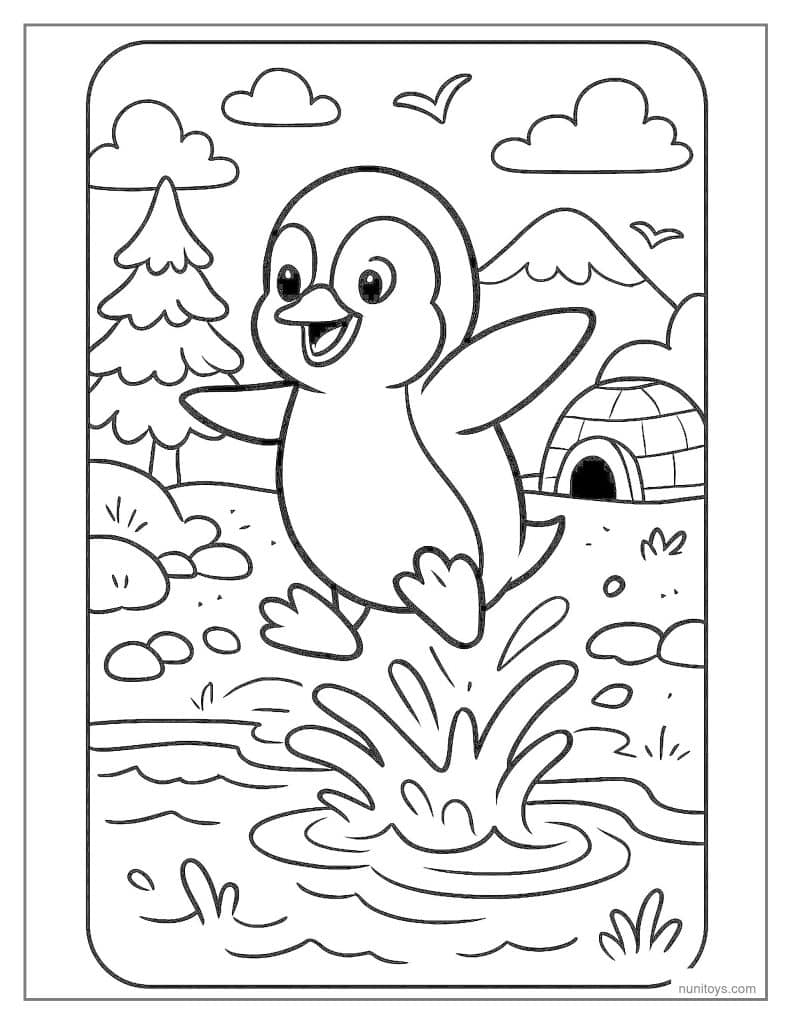 Penguin Splashing Near Igloo in Winter Scene Coloring Page