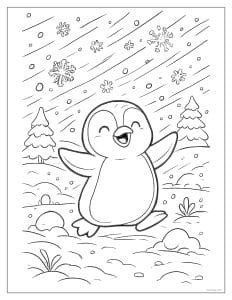 Snowy Penguin Playing Under Falling Snow Coloring Page