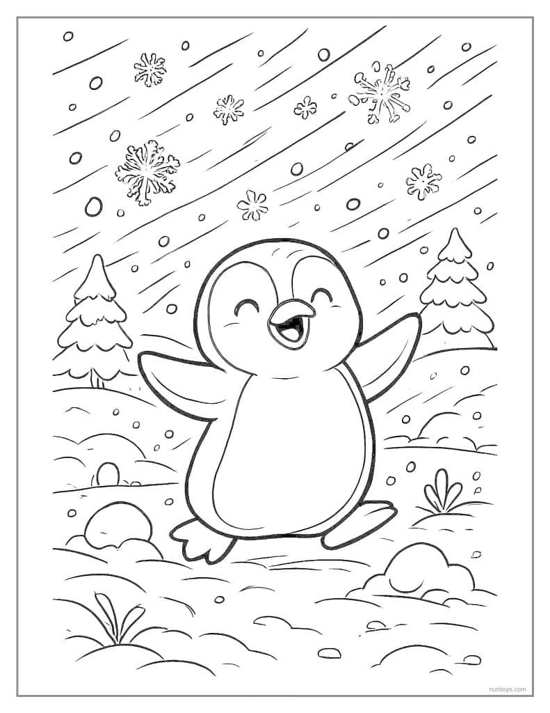 Snowy Penguin Playing Under Falling Snow Coloring Page