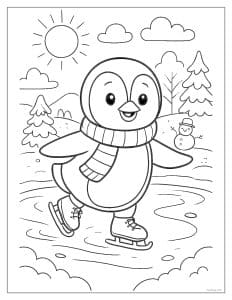 Penguin Ice Skating on Frozen Pond Coloring Page