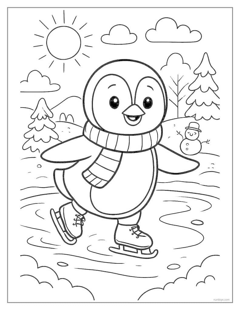 Penguin Ice Skating on Frozen Pond Coloring Page