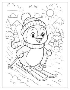 Penguin Skiing Down a Snowy Hill Coloring Page