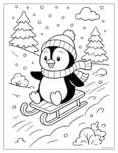 Penguin Riding a Sled Down Snowy Hill Coloring Page