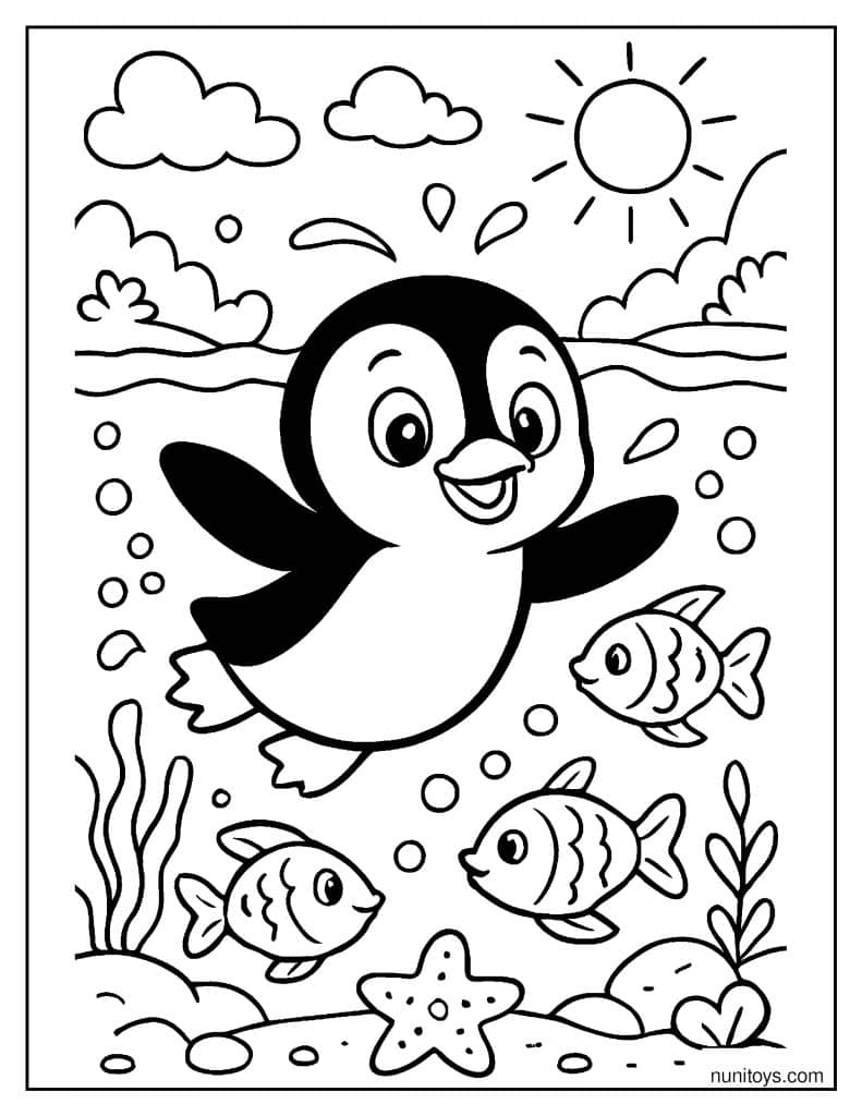 Underwater Penguin Swimming with Fish Coloring Sheet