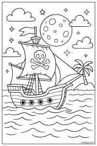 Pirate Ship Under the Full Moon Coloring Page