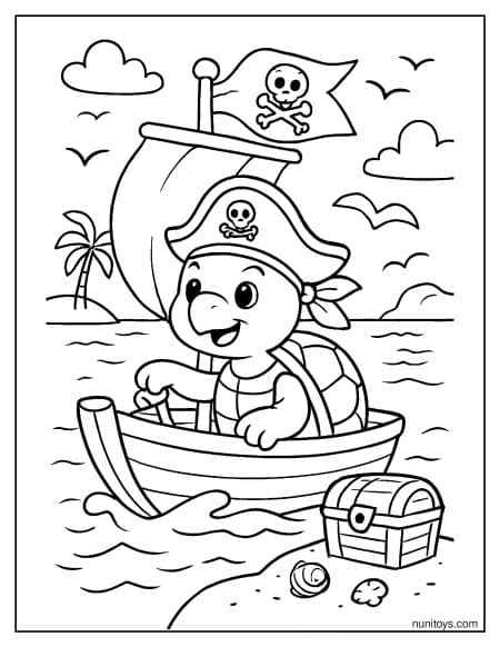דף צביעה של צב פיראט שט בסירה קטנה בים
