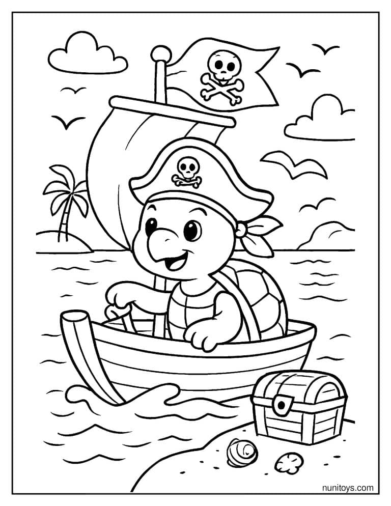 Coloriage d’une tortue pirate naviguant près d’une île