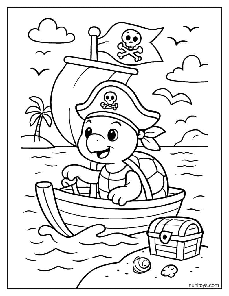 דף צביעה של צב פיראט שט בסירה קטנה בים